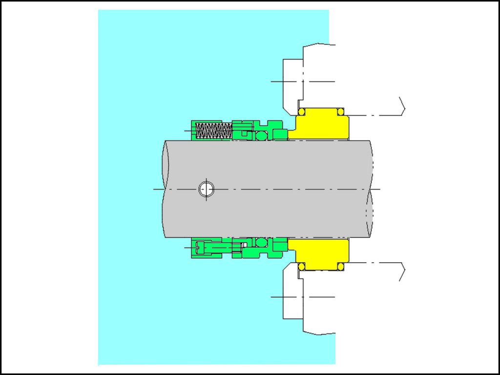 メカニカルシール構造説明イラスト(固定環黄色塗り・回転環緑塗り)